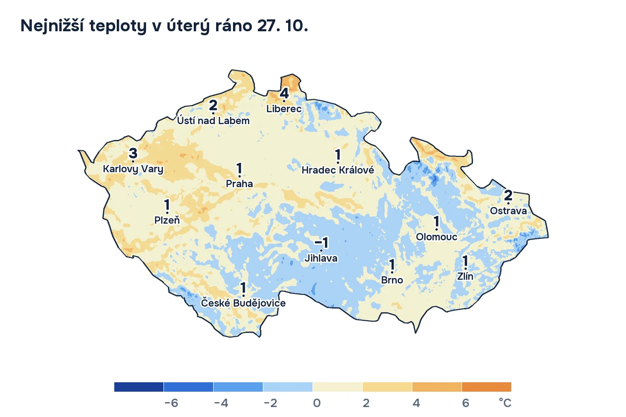 Mapa Česka s nejnižšími teplotami v noci na úterý 27. října. Modře jsou oblasti pod nulou: Vysočina, jižní Čechy, velká část Moravy a údolí na severovýchodě. Ve velkých městech kolem 0 až 2 °C.