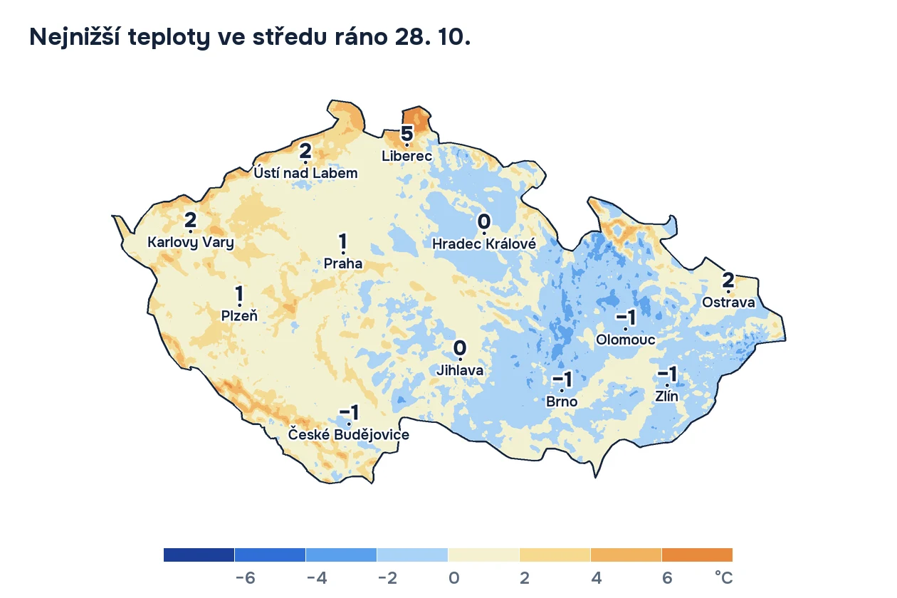 Mapa Česka s nejnižšími teplotami v noci na středu 28. října. Mráz je podobně rozložený jako v úterý, hlavně na Vysočině, jihu Čech a Moravě.