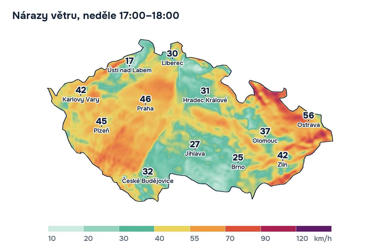 Mapa Česka s nárazy větru v neděli 25. října mezi 17. a 18. hodinou. Nejsilnější nárazy, přes 70 km/h, jsou na severu Moravy a ve Slezsku, v Ostravě kolem 56 km/h, na jihu Moravy jen kolem 25 km/h.
