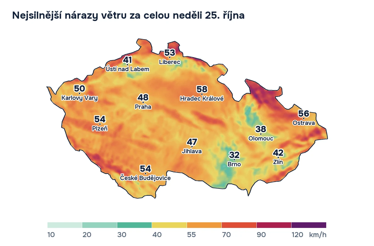 Mapa Česka s nejsilnějšími nárazy větru za celou neděli 25. října. Nejvíc fouká ve Frýdlantském výběžku, v Jeseníkách a na Šumavě, nejméně kolem Brna.