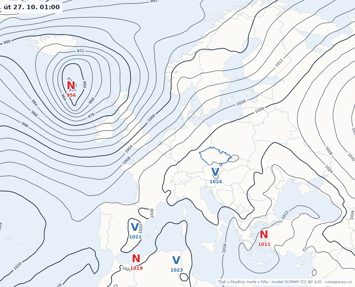 Synoptická mapa Evropy: tlak vzduchu u hladiny moře, úterý 27. 10. 01:00